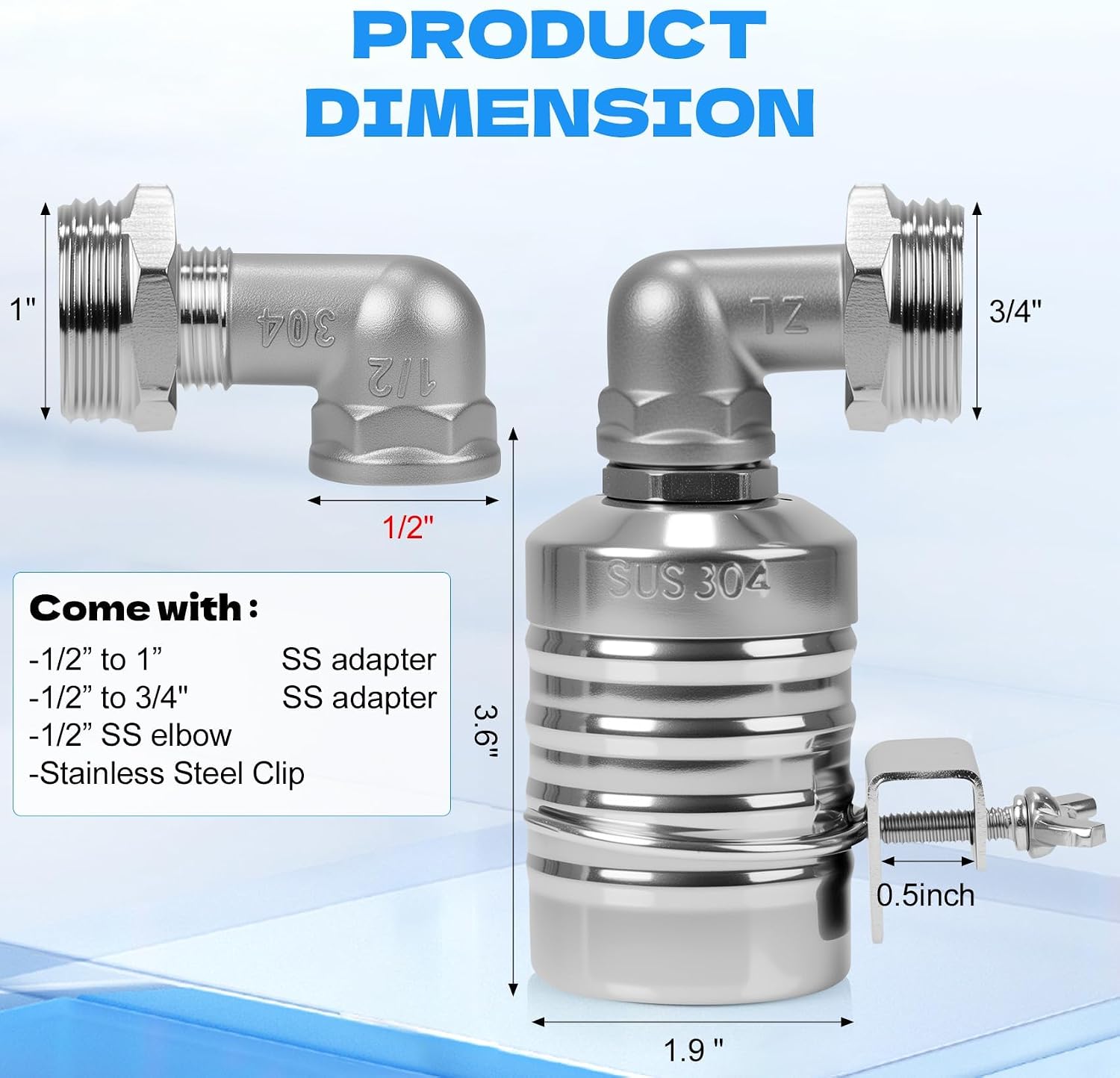 304 Stainless Steel Float Valve with 1/2", 3/4" & 1" Adapters – Fully Automatic Water Level Controller for Water