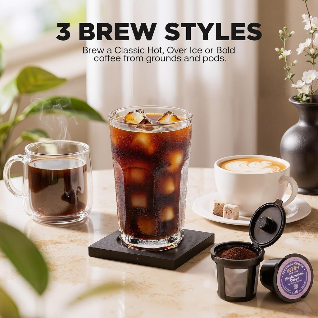 Single Serve Coffee Maker Hot and Iced with Bold Brew, Up to 16 Oz | for K Cup and Ground, Fits 7.3'' Travel Mug, 5