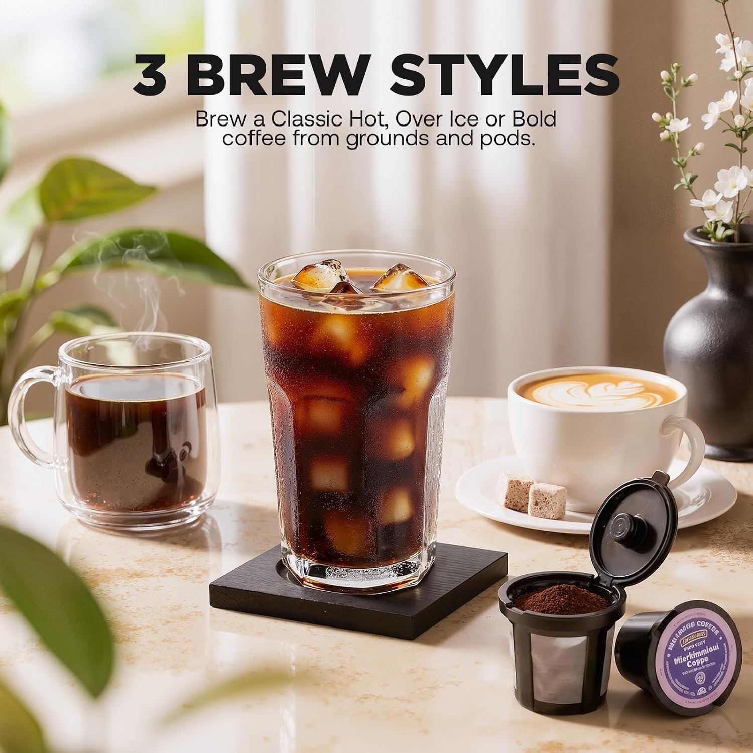 Single Serve Coffee Maker Hot and Iced with Bold Brew, Up to 16 Oz | for K Cup and Ground, Fits 7.3'' Travel Mug, 5