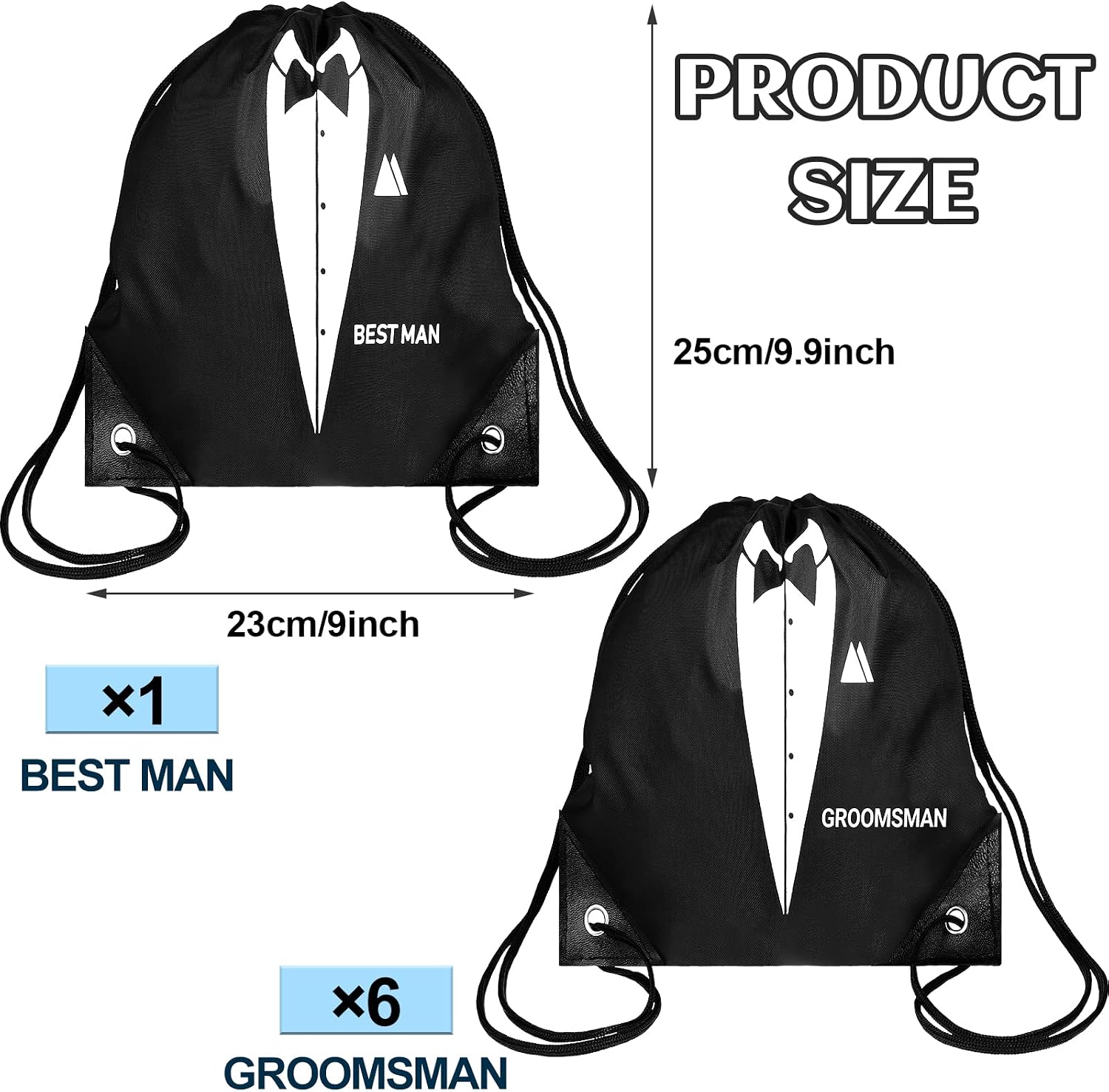 7 Pack Groomsmen Gift Bags Drawstring, 9x9.9 Black Tuxedo Print