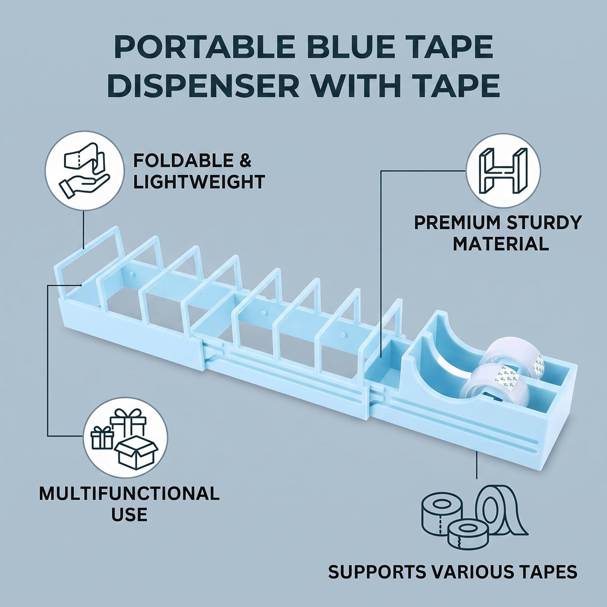 Foldable Tape Dispenser, Portable Lightweight Multi Type Cutter and Holder for Gift Wrapping Home Office Blue Plastic