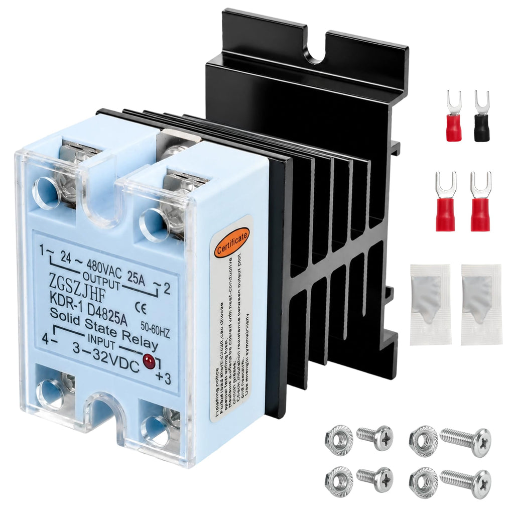 Solid State Relay DC to AC 3-32VDC Input, 24-480VAC Output with Aluminum Heat Sink, Thermal Grease, Flame Retardant PC Shell, Single Phase 25A ﻿
