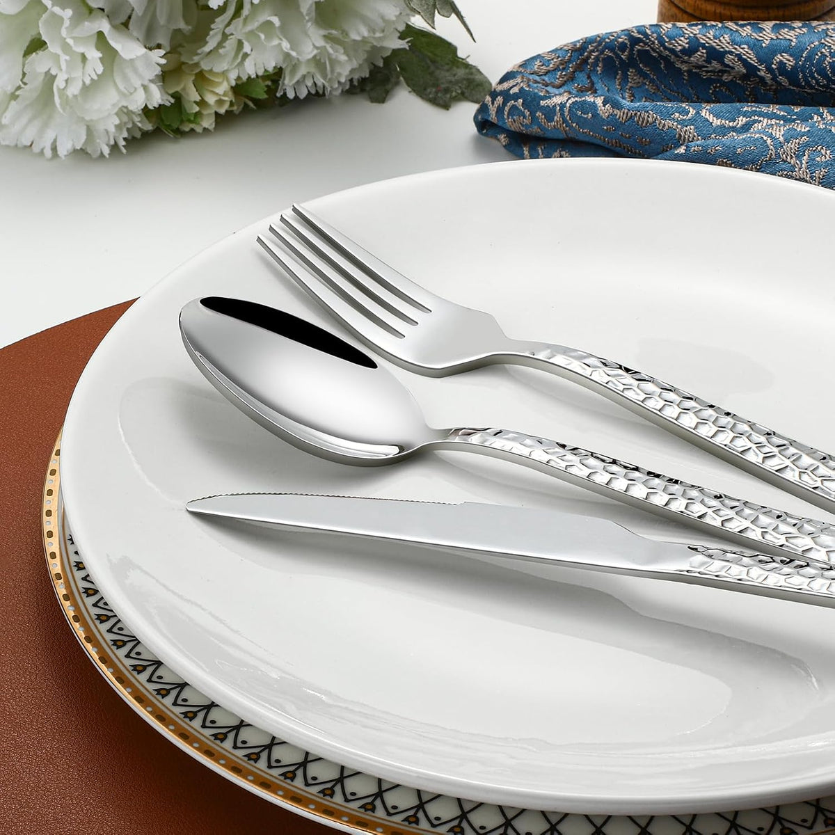 60 Piece Silverware Set for 12, Amafox Stainless Steel Hammered Flatware Set, Kitchen Utensil Cutlery Silverware Set