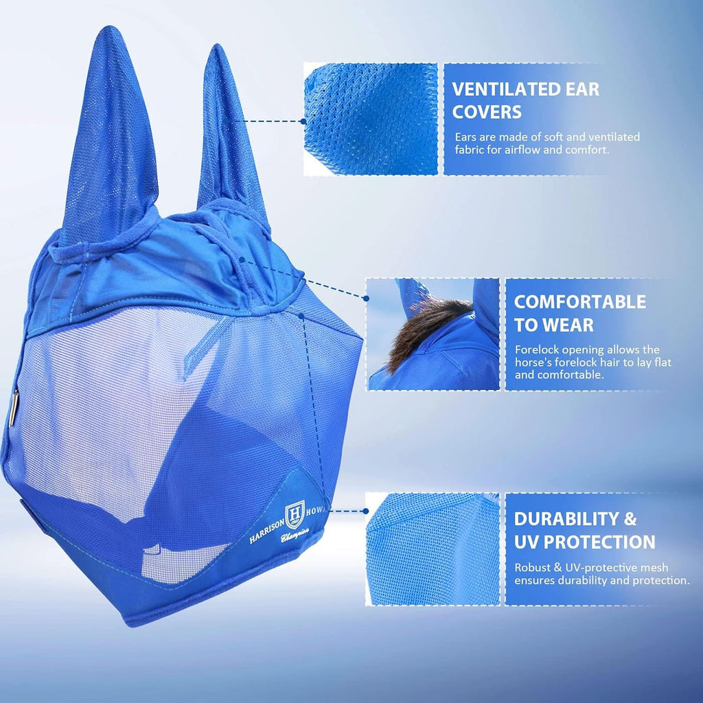 UV-proof Multi-Function Fabrics Thick Fleece Padding Horse Fly Mask Half Face with Ears Signature Blue Horse Large