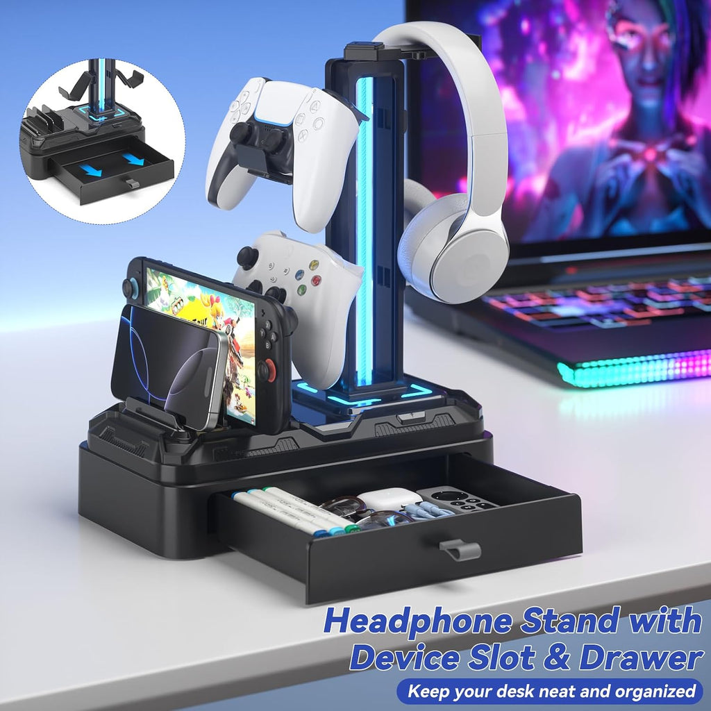 Headphone Stand with USB A&C Charger Ports - RGB Controller Stand with Detachable Hooks - Rotatable Headset Hanger &