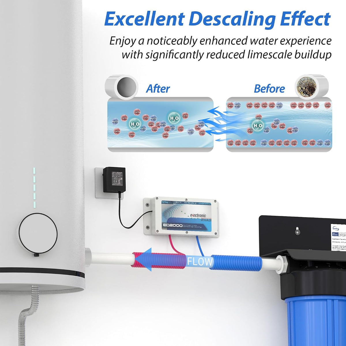 ED2000 Whole House Water Descaler, Alternative Electronic Salt-Free Hard Water Conditioner, Reduces Limescale Prevent