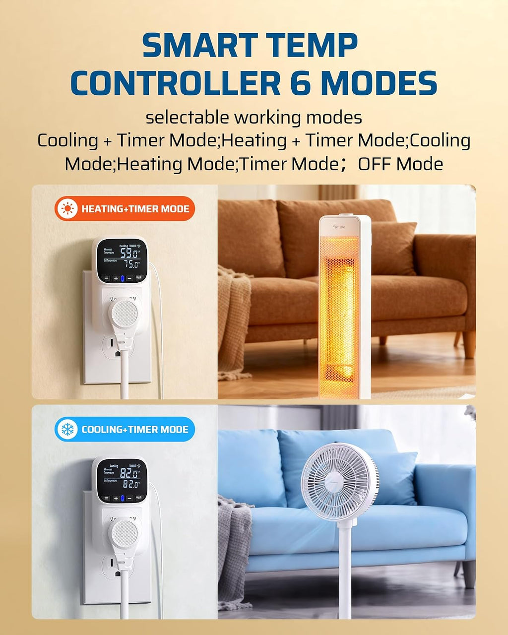 Smart WiFi Temperature Controller Outlet, 15A/1800W, 24H Timer | Bluetooth APP Remote Control, Schedule Timer