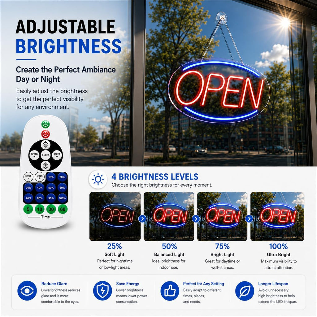 Open Sign for Business, 17" x 9" LED Neon Open Sign with Remote Control, Countdown Timer & 6 Lighting Modes Led Neon