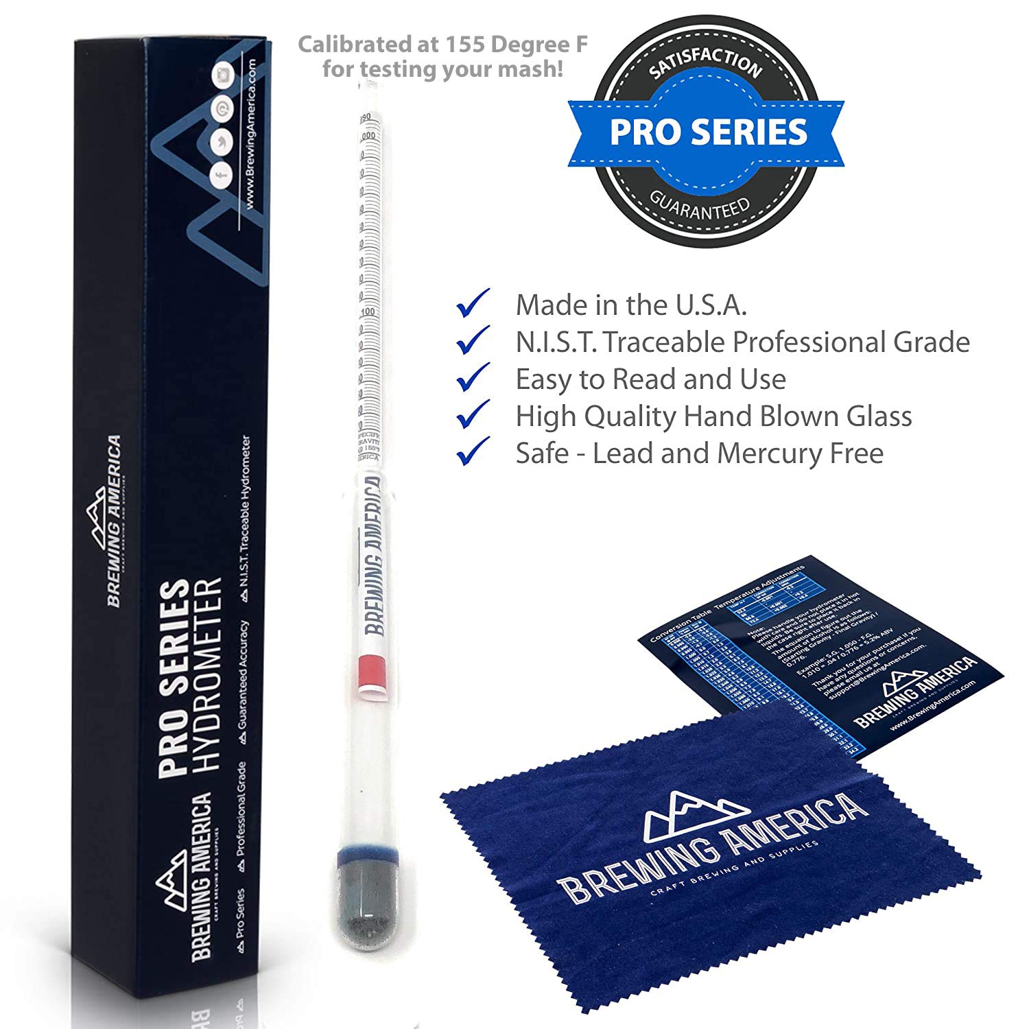 USA-Made Beer Mashing Hydrometer Calibrated at 155 Degrees Fahrenheit - Specific Gravity Pro Series Brewing Triple