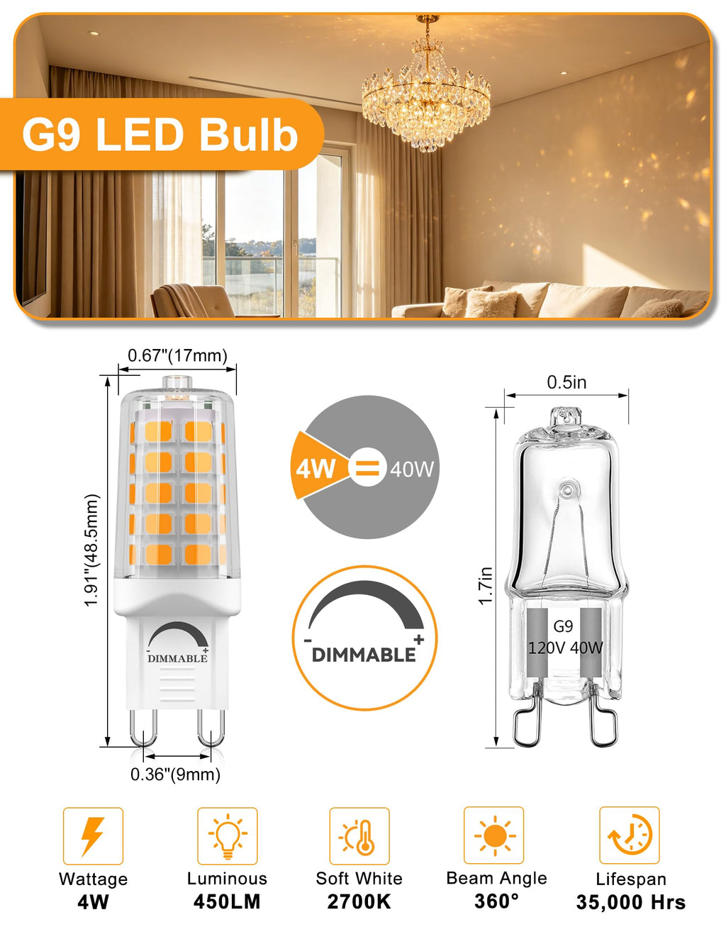 G9 LED Bulb Dimmable 4W T4 2700K Soft Warm White 5Pack 120V