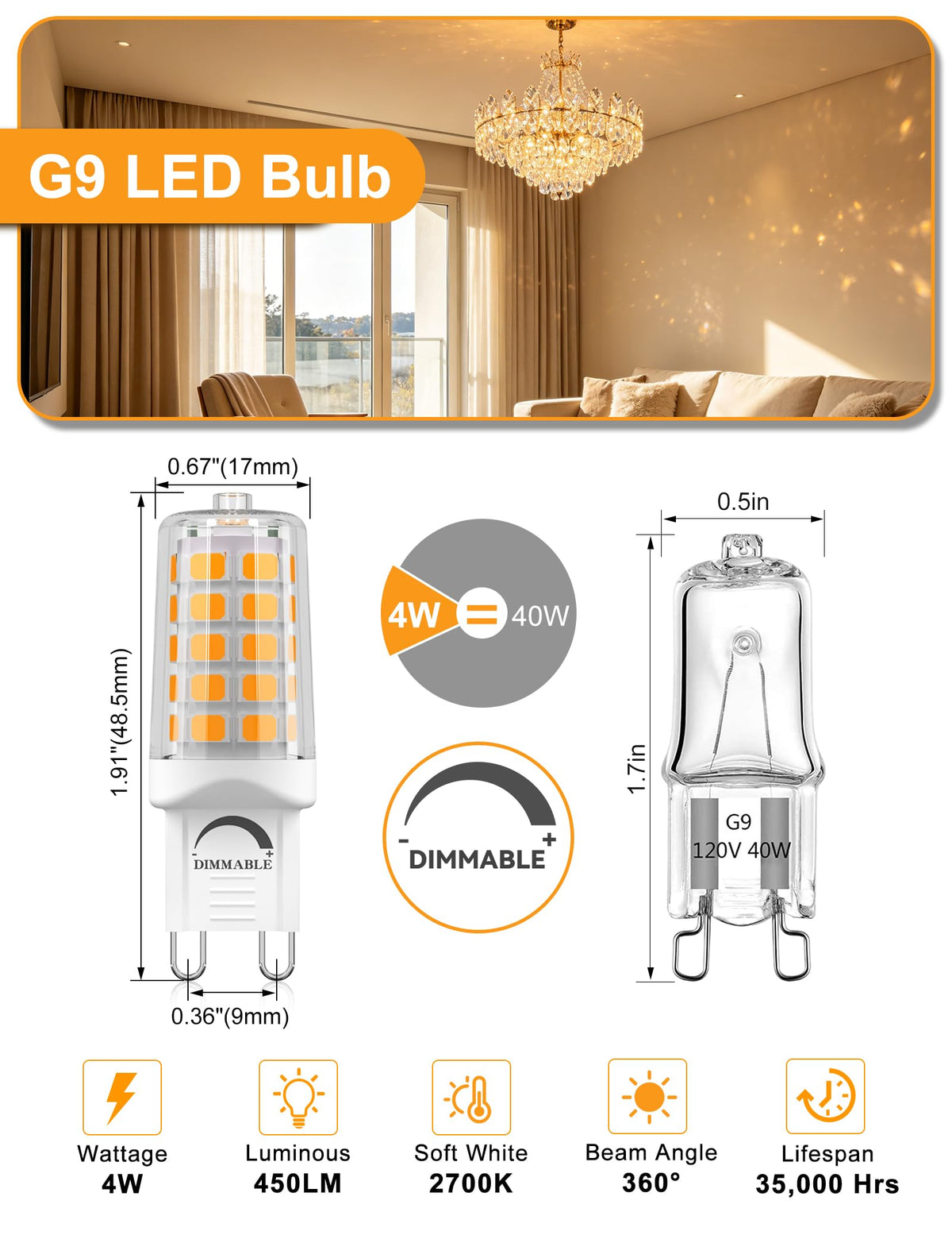 G9 LED Bulb Dimmable 4W T4 2700K Soft Warm White 5Pack 120V