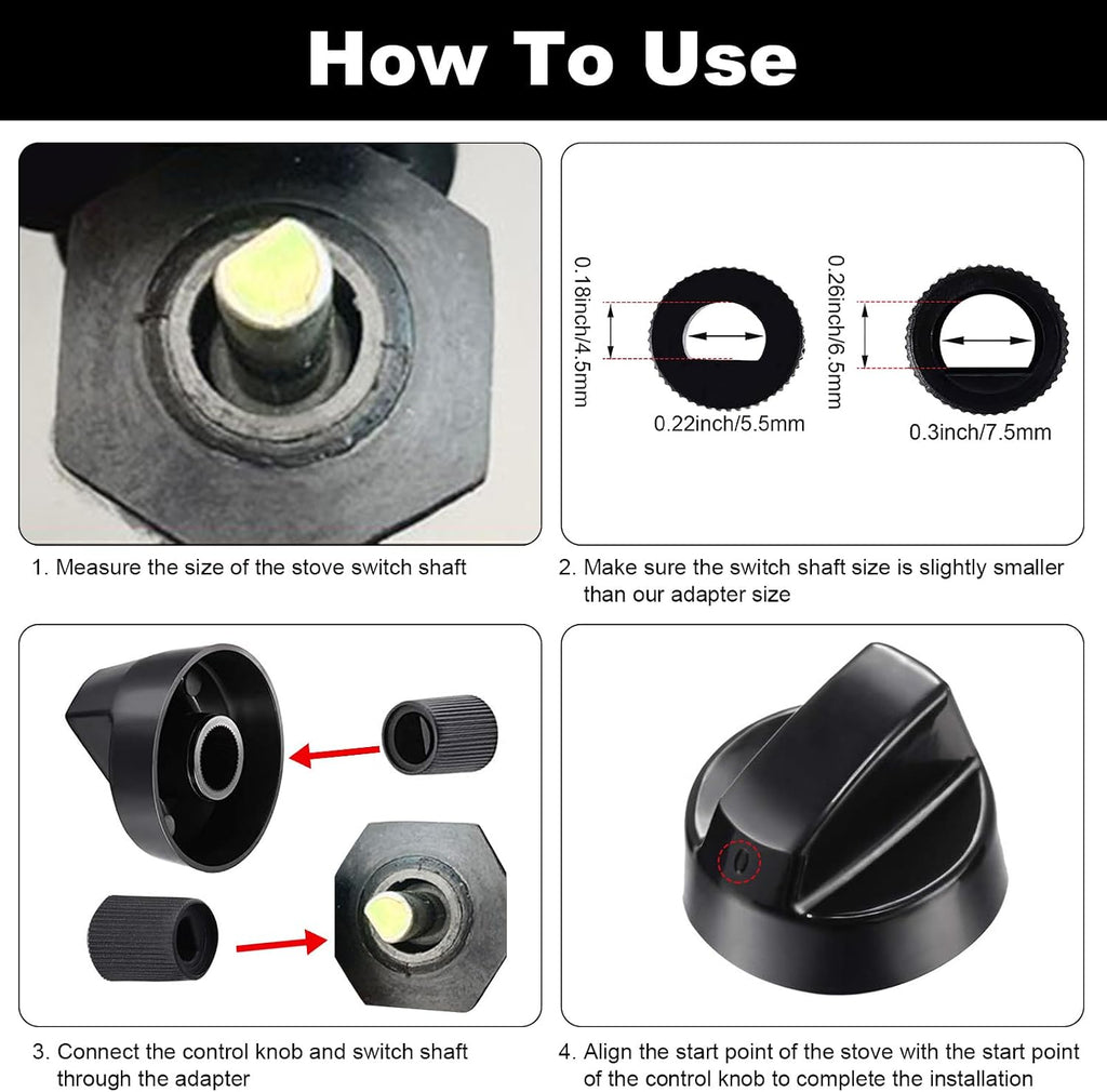 4 Stove Knobs Replacement with 12 Adapters for Oven Range,Black | Universal Fit Adapters for Gas Electric Range