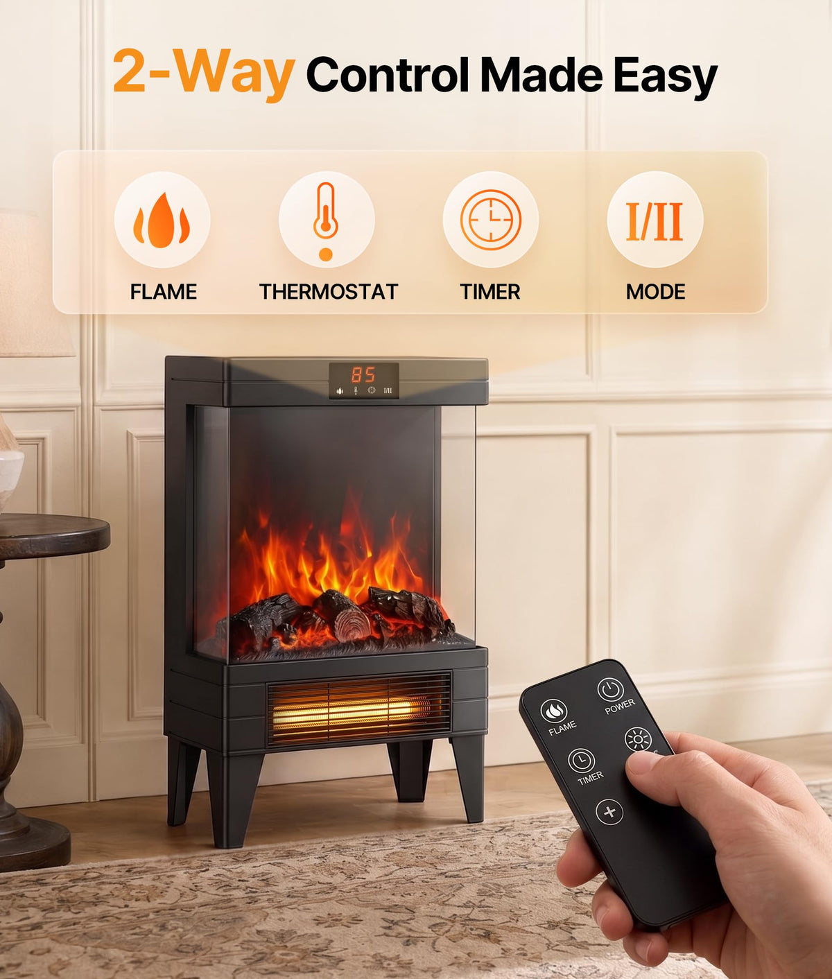Electric Fireplace Stove Heater with Dual Heat & 3D Flame, 1500W