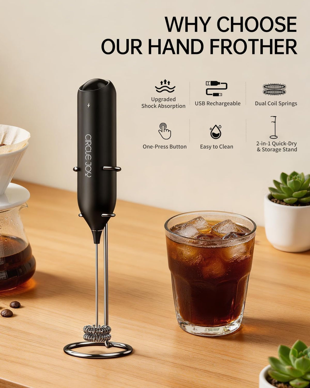 Rechargeable Milk Frother Handheld with Stand, Dual Spring Whisk Head Electric Coffee Frother Foam Maker, Portable