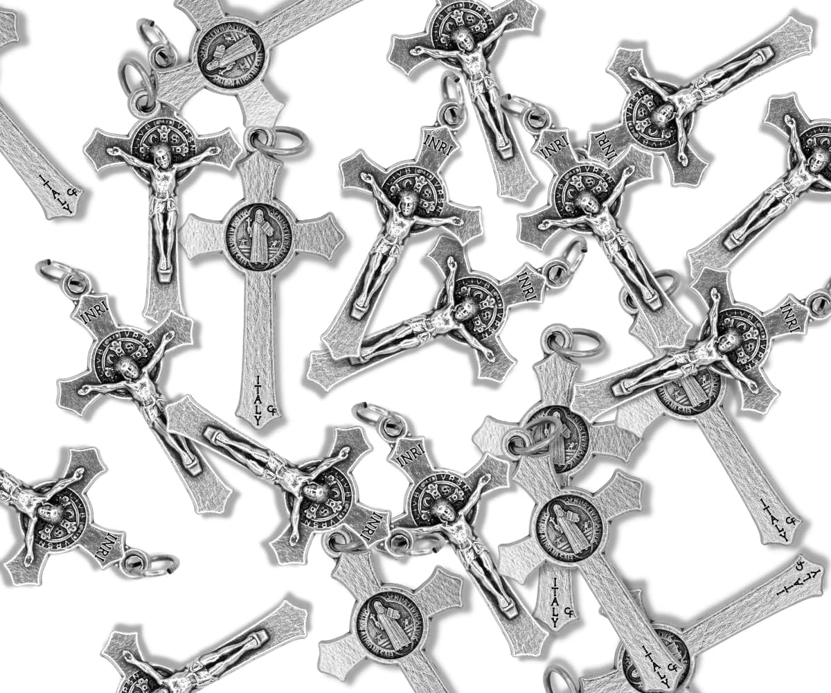 Pack of 100 - St Benedict Crucifix for Rosary Making (1.5 Inch) Silver Oxidized Crosses for Bulk Catholic Necklaces