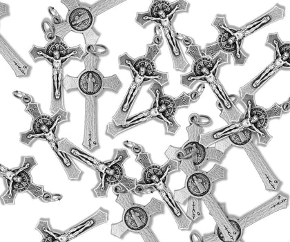 Pack of 100 - St Benedict Crucifix for Rosary Making (1.5 Inch) Silver Oxidized Crosses for Bulk Catholic Necklaces