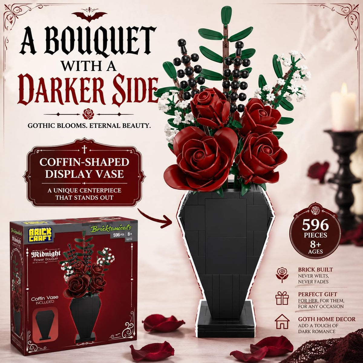 Bricktanicals Midnight Flower Bouquet Building Set, Gothic Blood Rose Halloween Arrangement with Coffin Vase