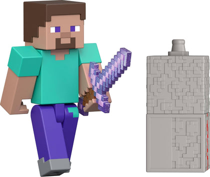 Minecraft Toys, Steve Action Figure with Accessory & Redstone Building Piece, 3.25-inch Scale Collectible Set