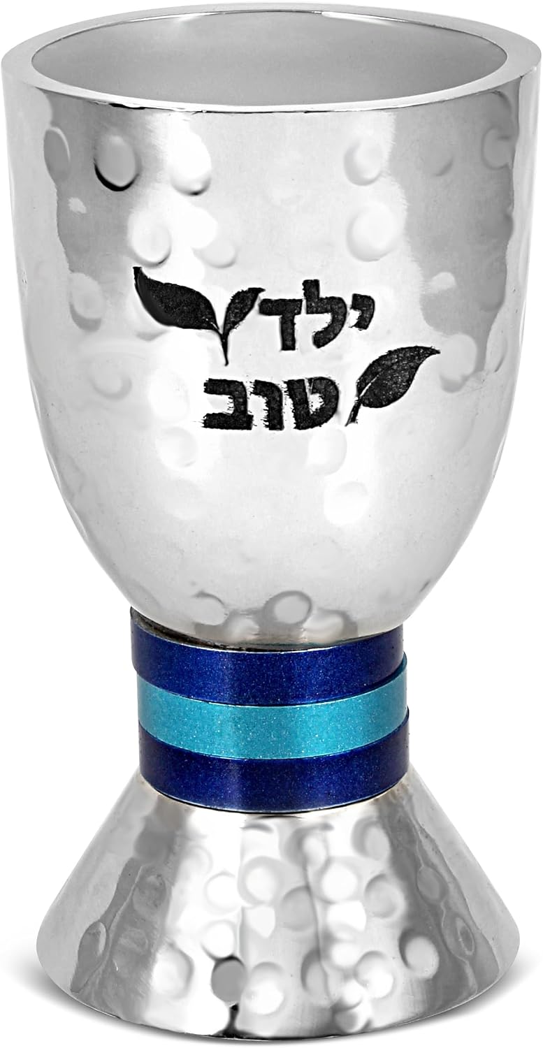 Zion Judaica Passover Good Boy Small Kiddush Cup 2.9" Yeled Tov Engraved Wine Cup Blue Tones Anodized Ring Accents