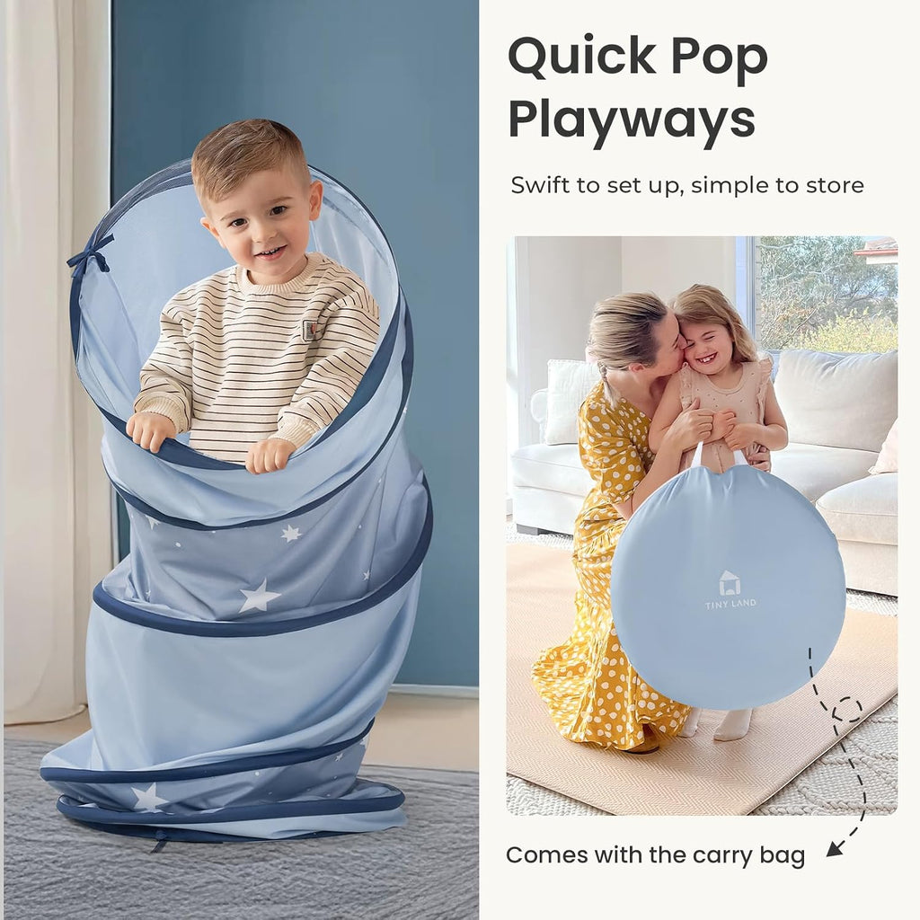 Kids Play Tunnel Tent with Storage Bag for Toddlers | 69" x 18" Foldable Crawl Toys for Baby, Blue Indoor & Outdoor