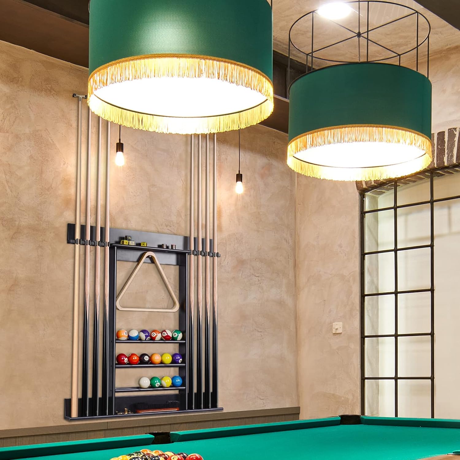 Pool Cue Rack Wall Mount For 8 Cues, Balls & Billiard Accessories Storage | 100% Solid Pine Wood Pool Stick Holder