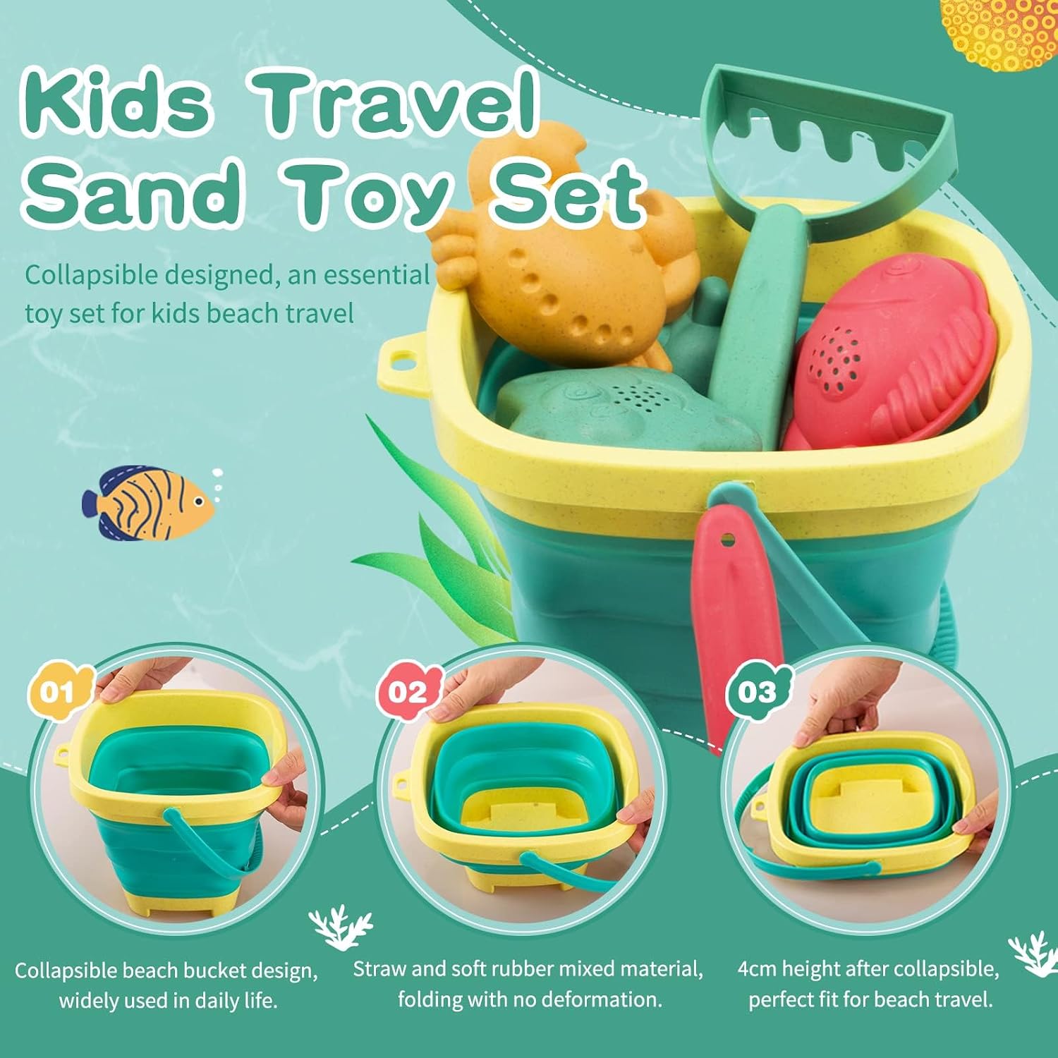 Beach Toys for Kids 12 PCS - Collapsible Sand Toys Set for Toddlers | Sand Toys Set Includes Collapsible Sand Bucket