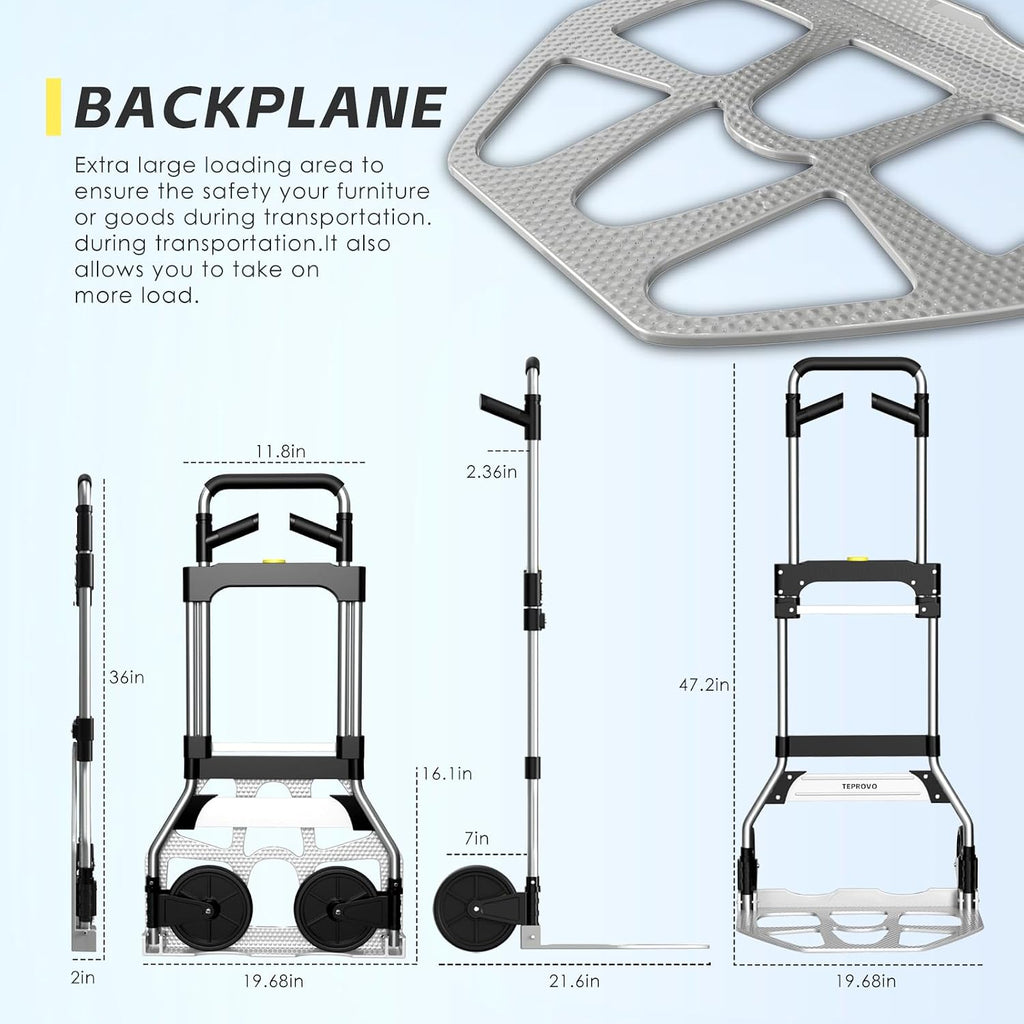 Folding Hand Truck Dolly Cart,340LB Capacity Portable Aluminum Dolly Cart with Telescoping Handle and 7 Inch Rubber