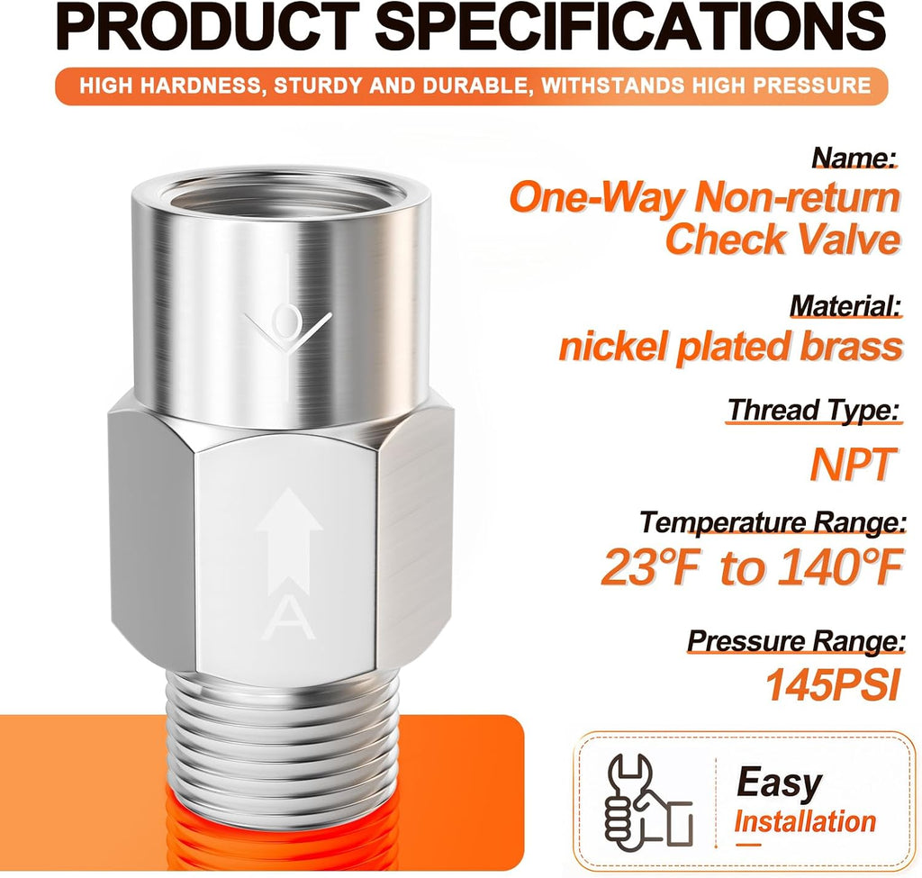 GASHER 2pcs 1/4" MNPT x 1/4" FNPT One-Way Non-return Check Valve
