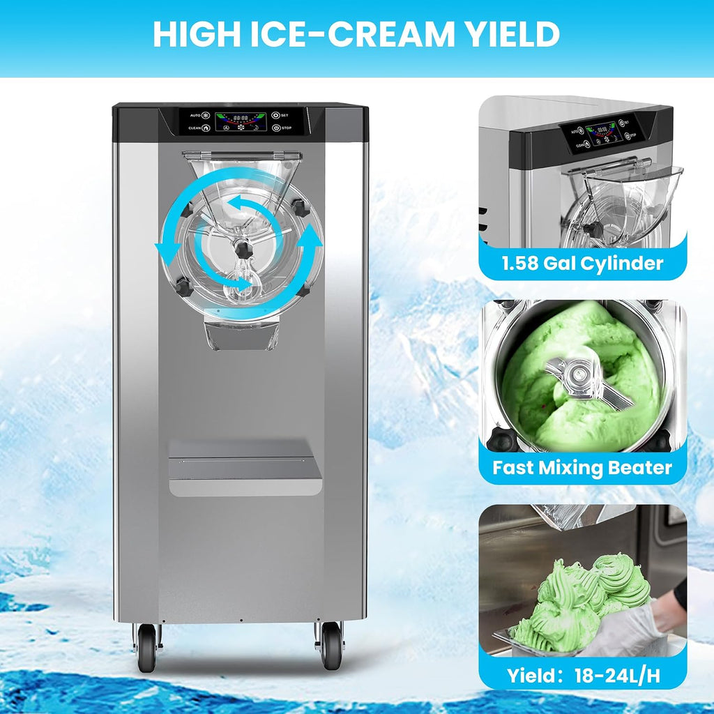 Commercial Hard Ice Cream Machine, 2000W Industrial Compressor, 18-24L/H Output with LED Display & 6L Stainless