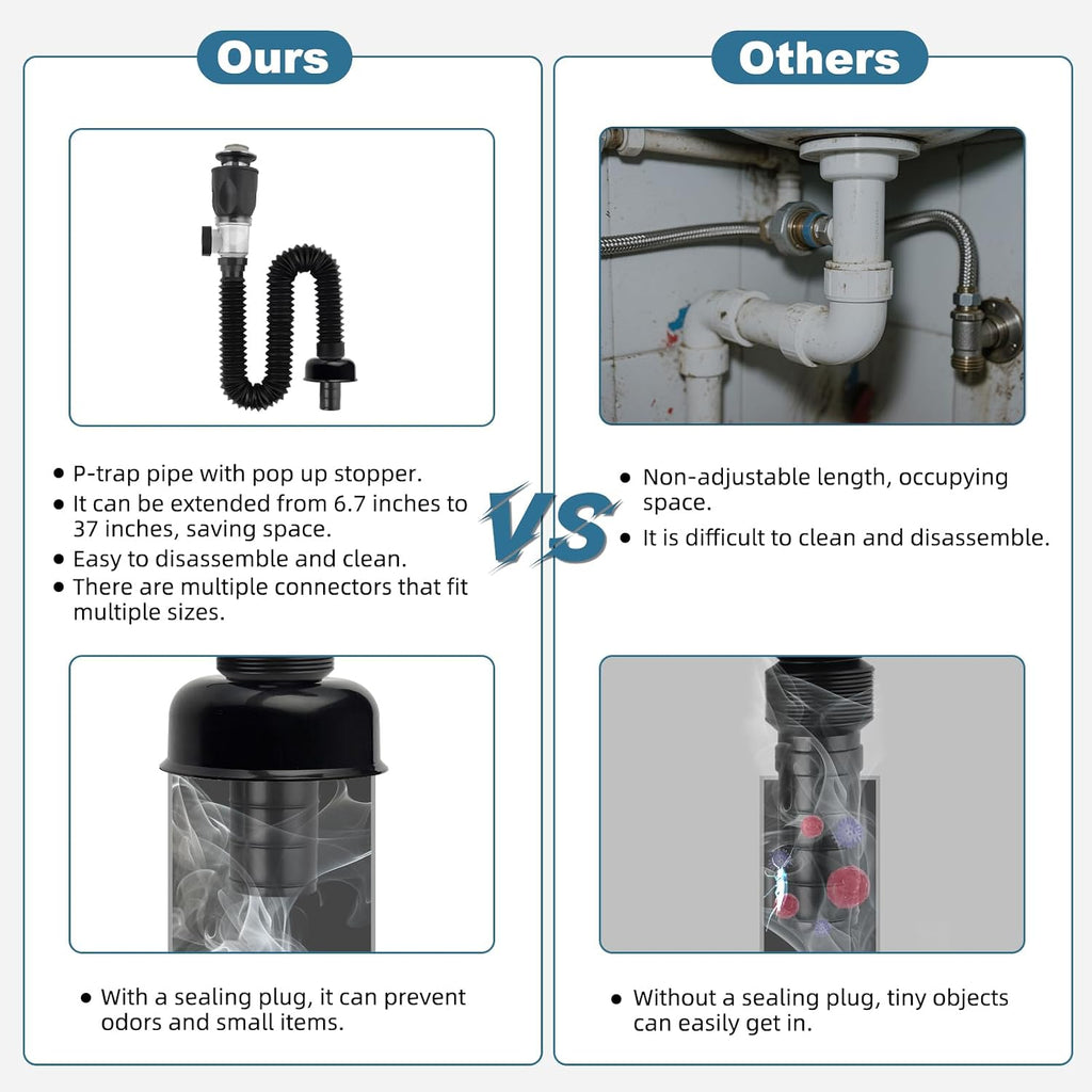 Bathroom Sink Drain Kit, Drain Pipe with Pop-Up Strainer Stopper, Chrome | Hair Catcher/Expandable/Flexible Bathroom