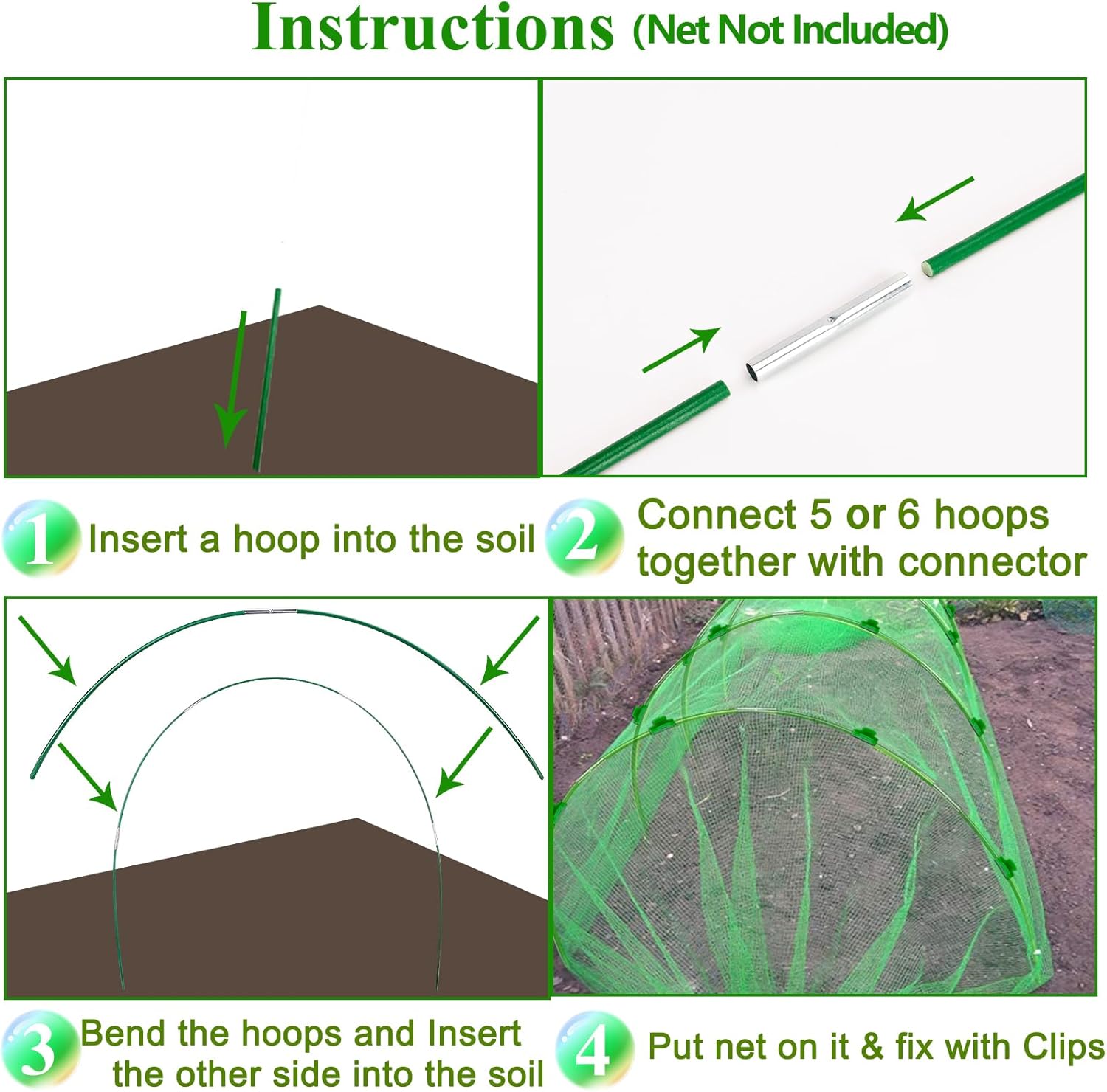 Greenhouse Hoops Grow Tunnel 6 Sets of 8FT Long Garden Hoops, Rust-Free Fiberglass Garden Hoops Frame for Garden