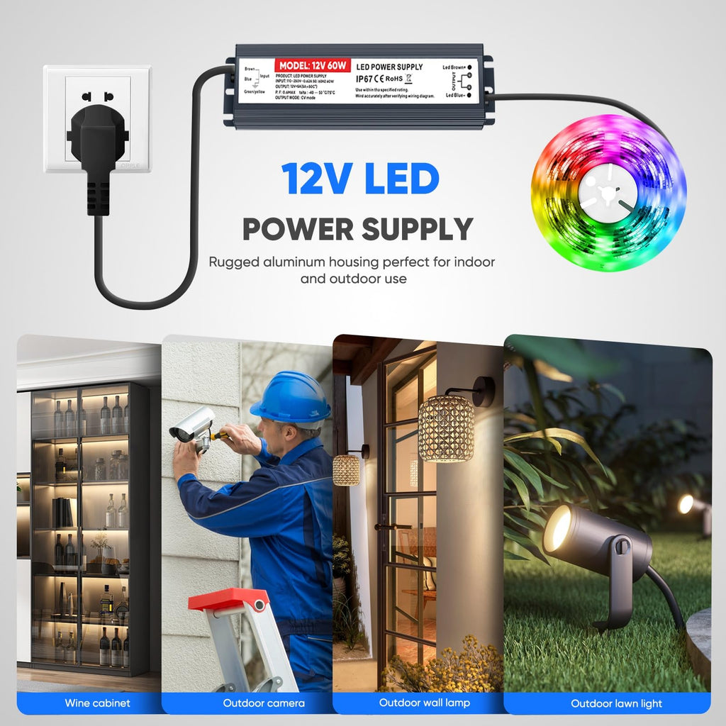 60W LED Driver 12V Power Supply 5A, Waterproof IP67 LED Adapter Transformer