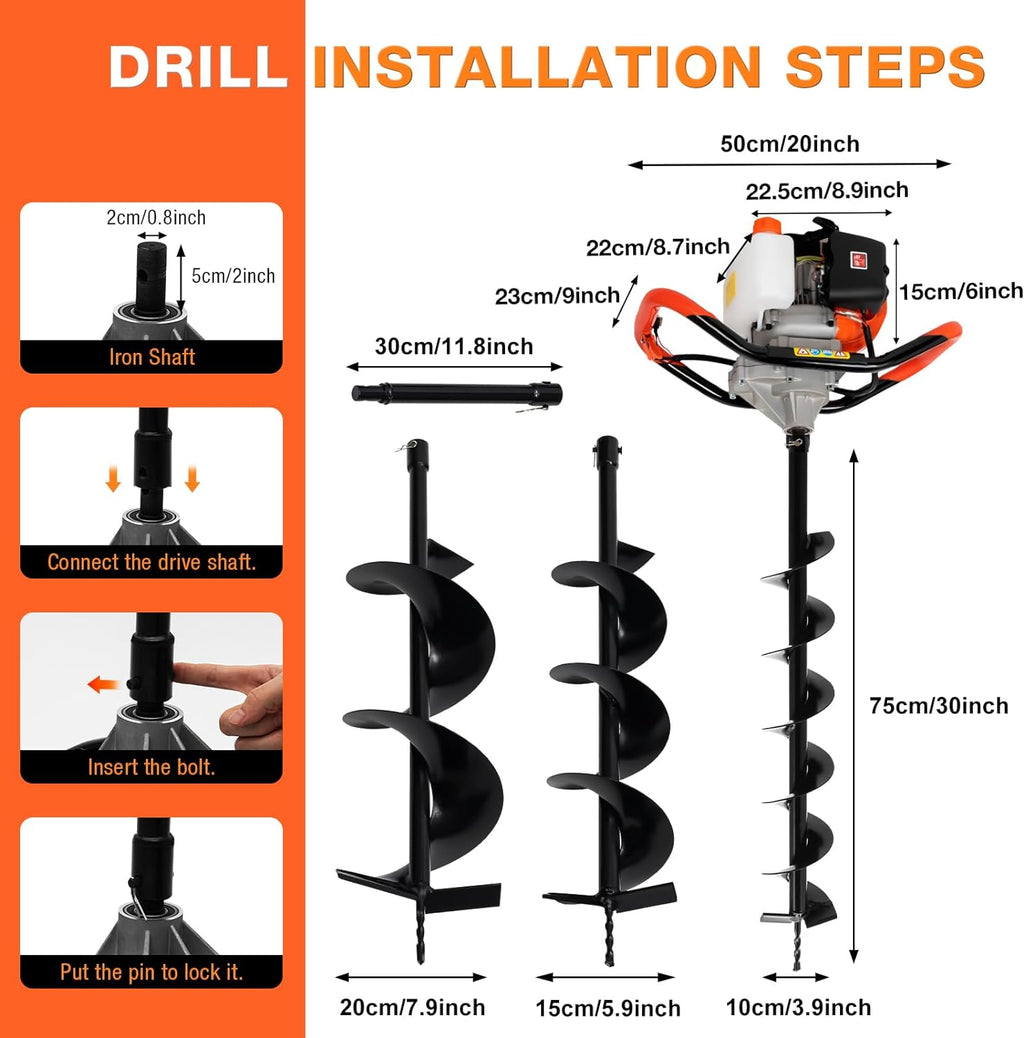 52CC Gas Powered Post Hole Digger, 2.3HP 2-Stroke Earth Auger with 3 Auger Bits (4", 6", 8") and Extension Rod