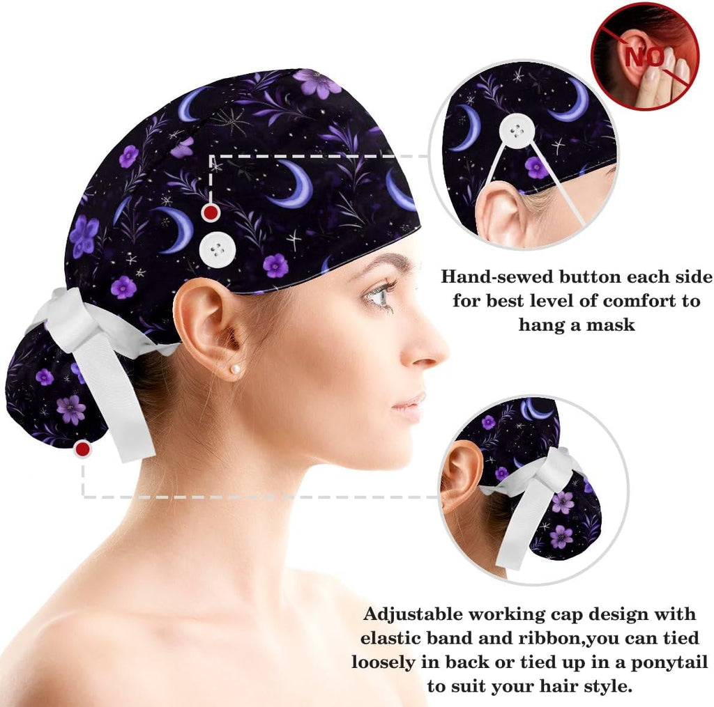 Scrub Caps Women, Surgical Caps with Buttons, Ponytail Nurse Hat, Bouffant Scrub Hats with Hair Scrunchy Adjustable
