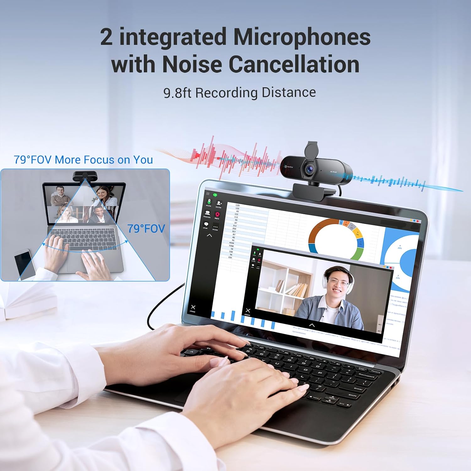4K Webcam for PC with PDAF Autofocus, Privacy Cover, Dual Microphones, 4K@30FPS & 1080P@60FPS, Auto Light Correction