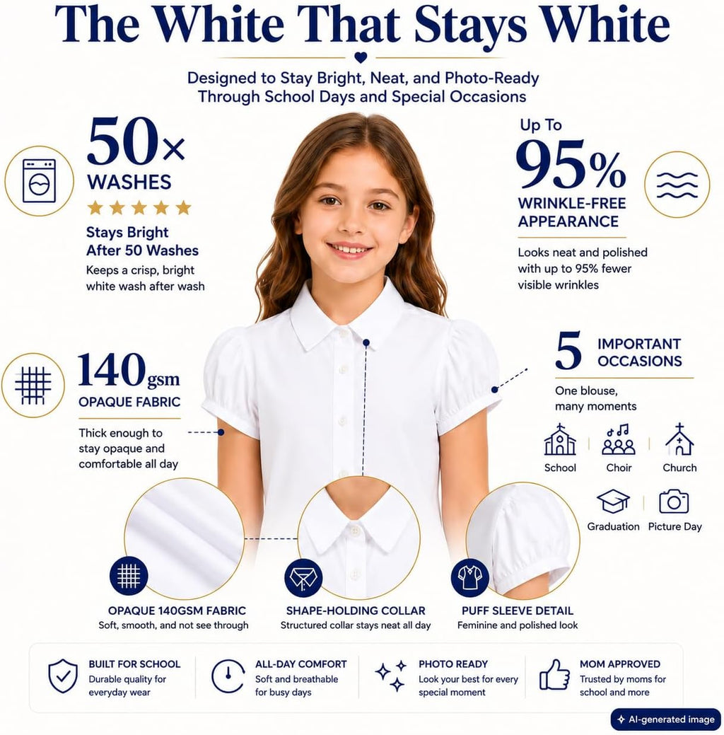 White Wrinkle-Free Girls Blouse: School Uniform Cotton Shirt | Ages 6-13