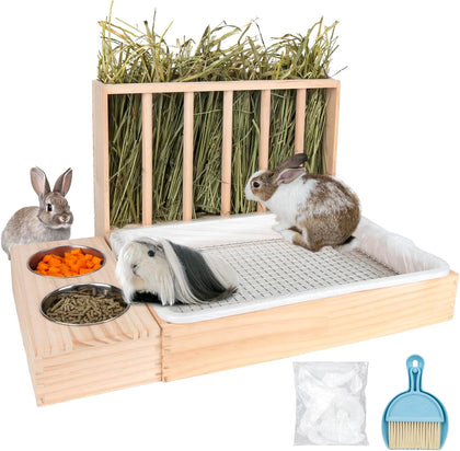 3 in 1 Rabbit Hay Feeder with Litter Box,Upgraded Wooden Hay Feeder Set for Guinea Pig Chinchilla Bunny Other Small