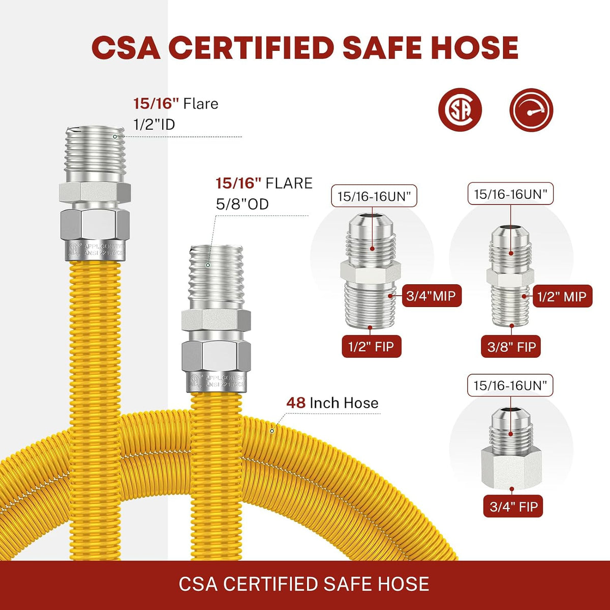 48" Gas Dryer Connector Kit, 5/8" OD 1/2" ID for Dryers Stove Water Heater