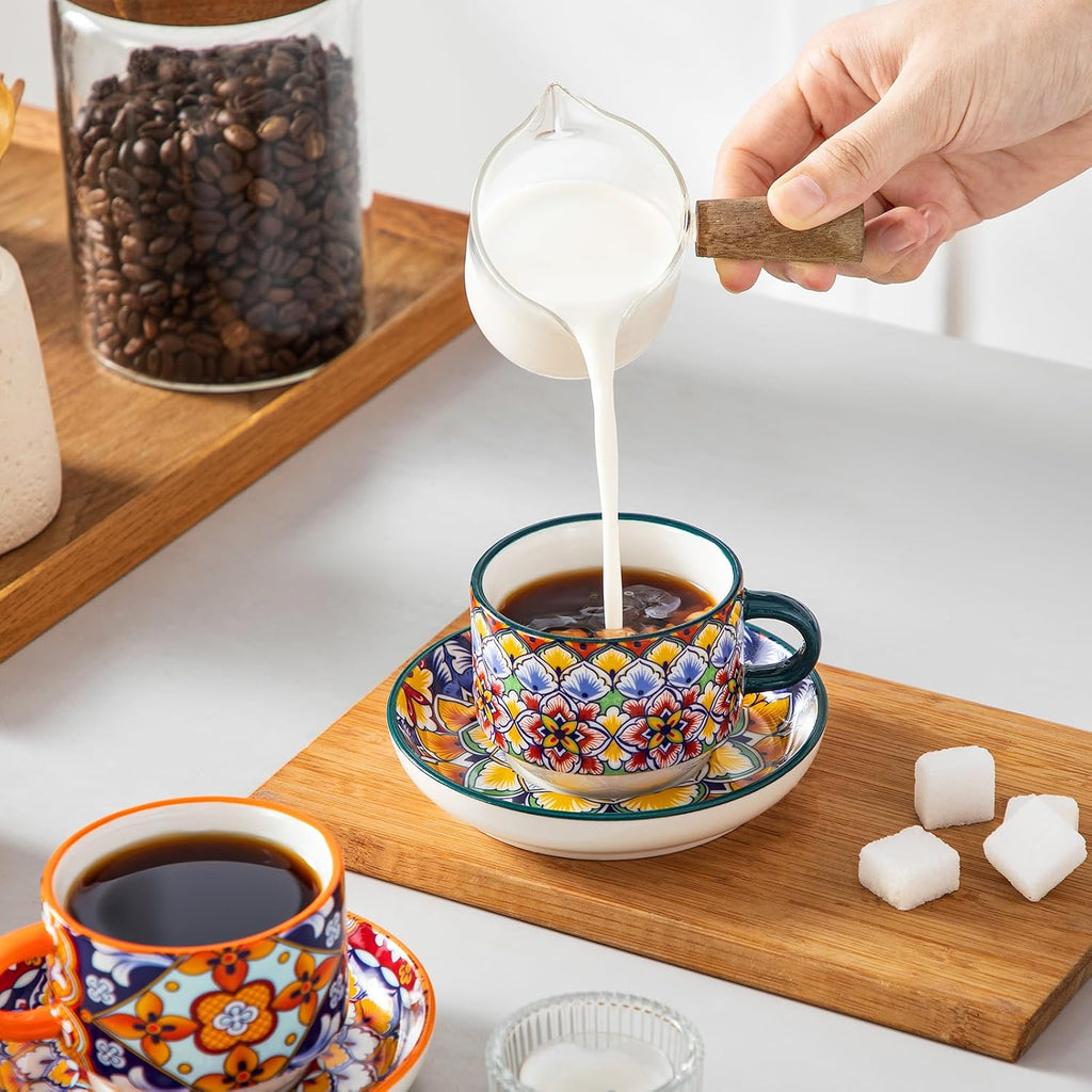 4 Oz Bohemian Espresso Cup Set of 4, Ceramic with Saucers