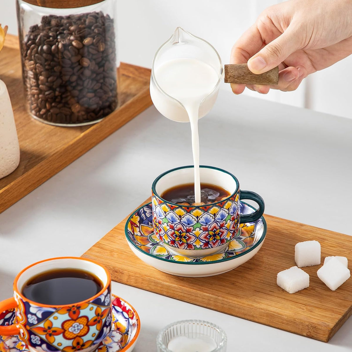 4 Oz Bohemian Espresso Cup Set of 4, Ceramic with Saucers