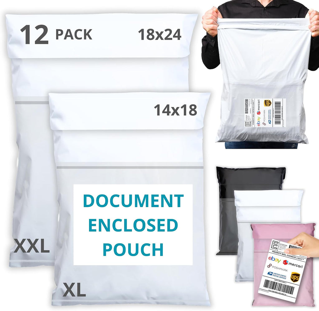 Shipping Bags (12 Pack) with Label Pouch - 14x18 & 18x24 - Poly Mailers for Clothes, Self-Seal Plastic Mailing