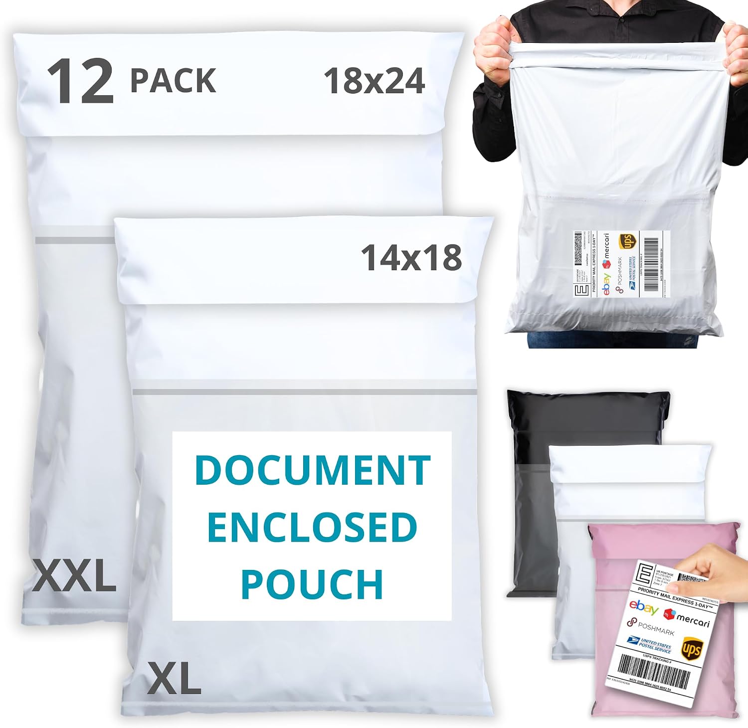 Shipping Bags (12 Pack) with Label Pouch - 14x18 & 18x24 - Poly Mailers for Clothes, Self-Seal Plastic Mailing