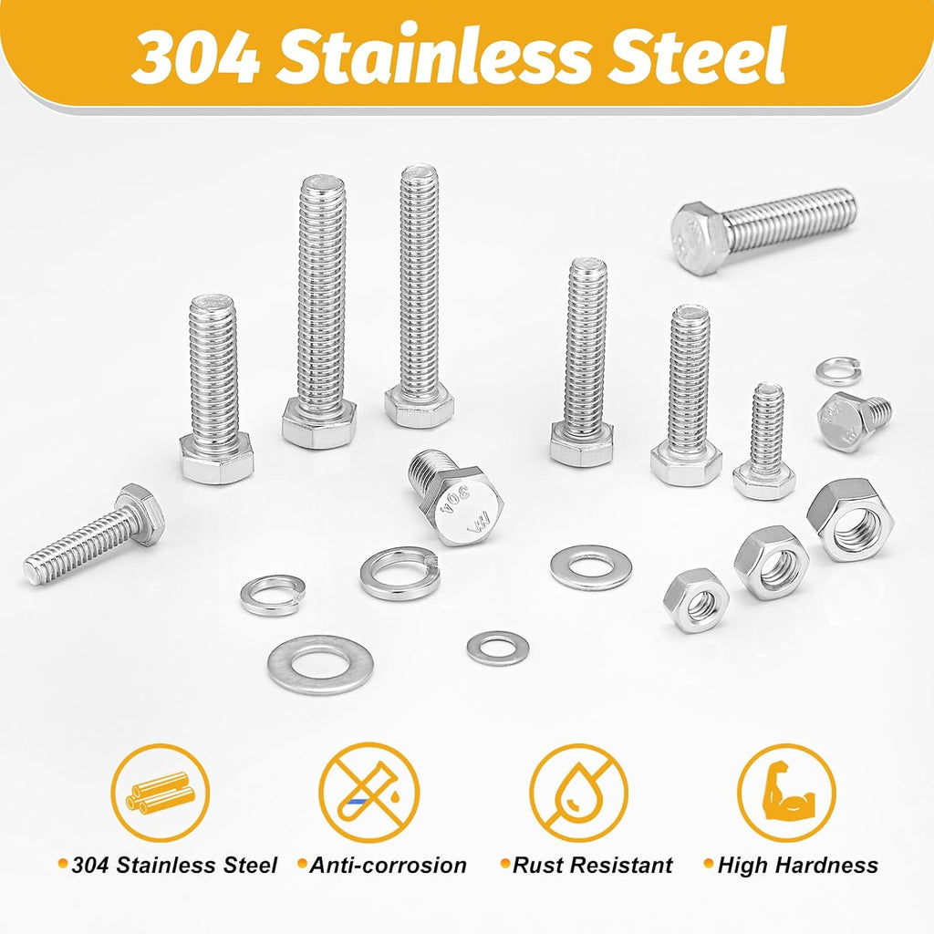 744PCS Stainless Steel Hex Bolt Kit,Size SAE 1/4-20 5/16-18 3/8-16