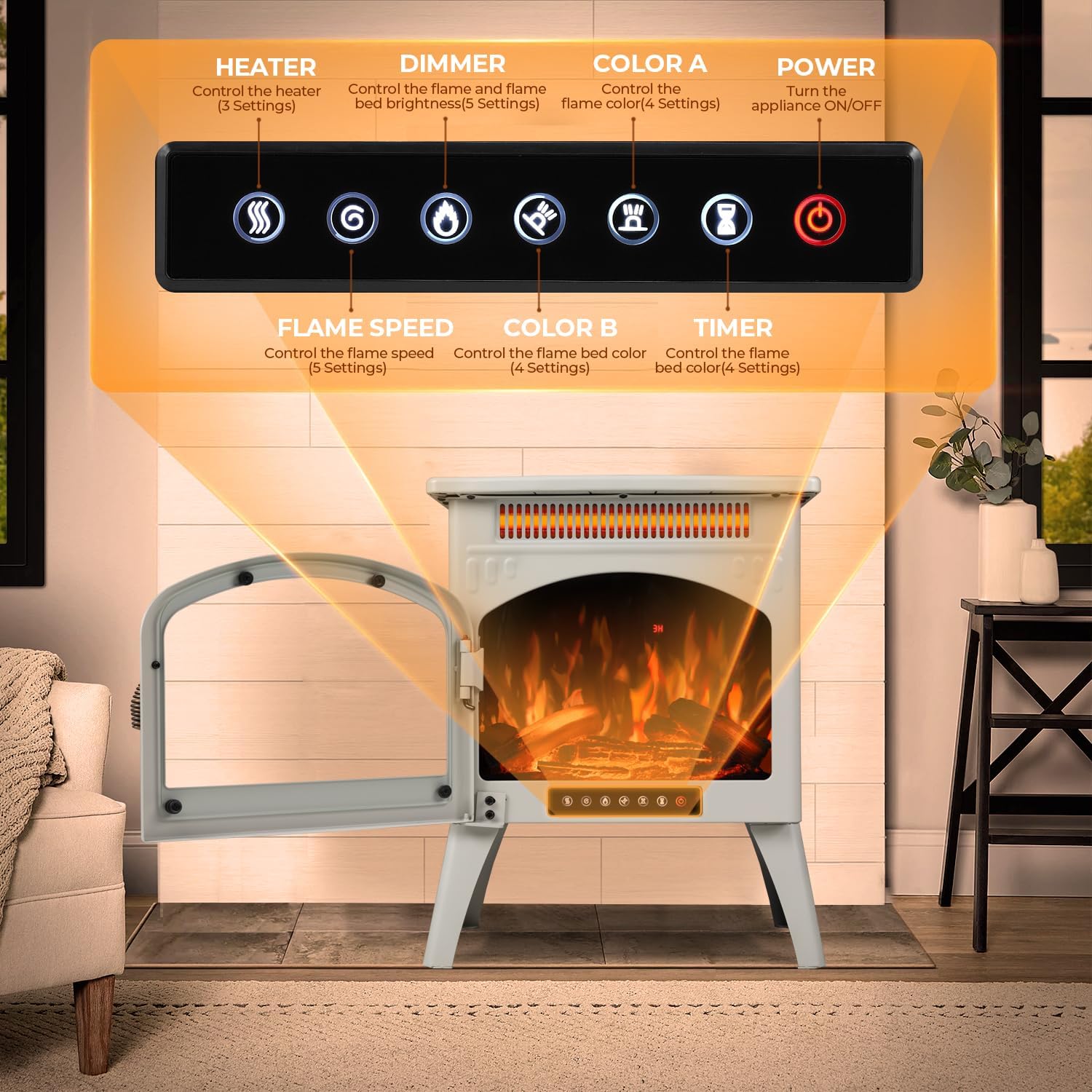 Electric Fireplace Heater 17" with Remote Control, Metal, Beige | Cathedral Stylish, Freestanding, Realistic Flame