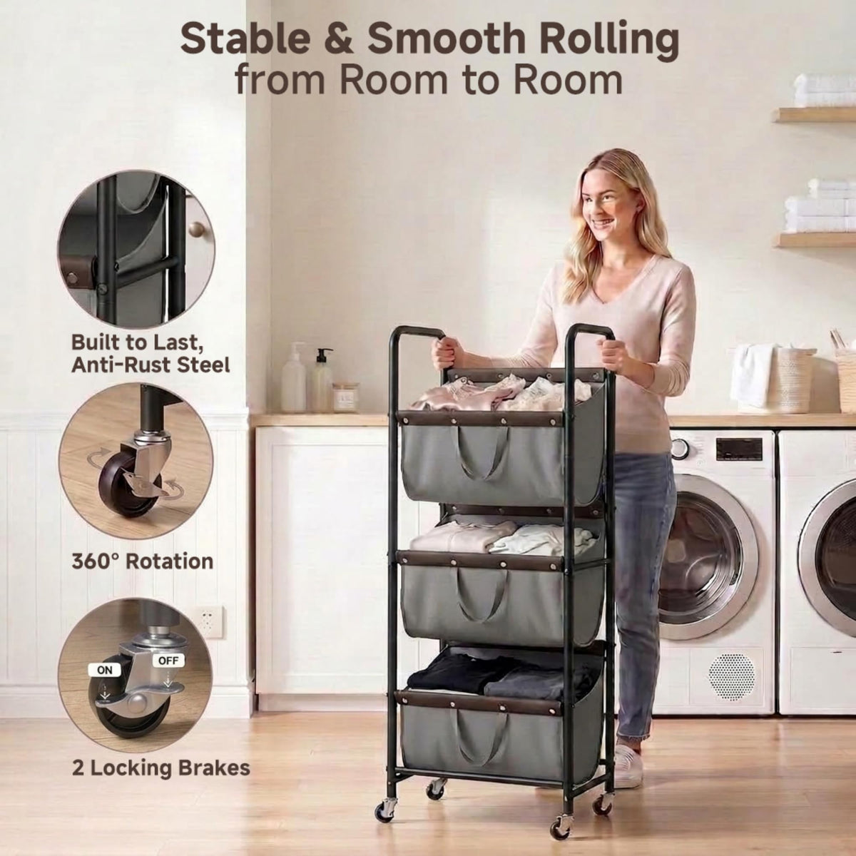 3 Tier Laundry Hamper Sorter, Rolling Laundry Basket on Wheels