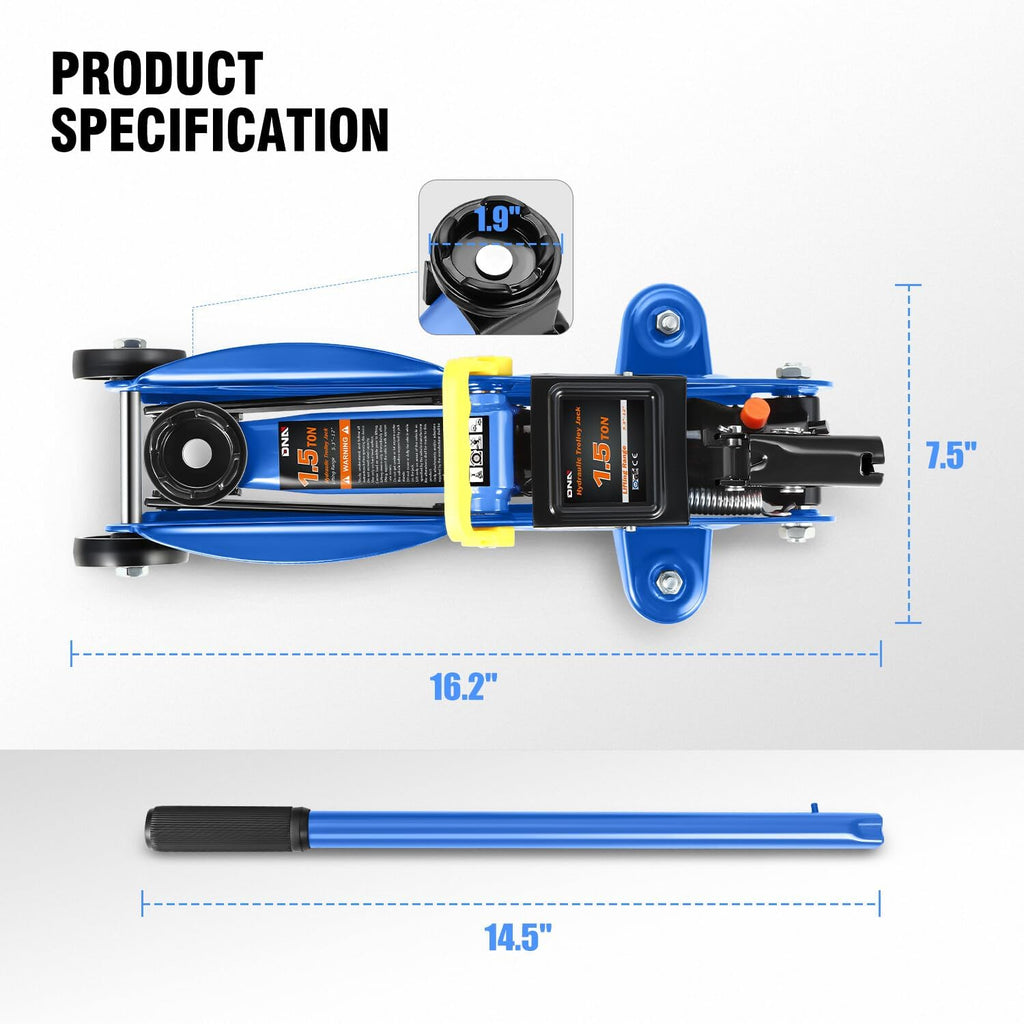 1.5 Ton Car Floor Jack Low Profile Hydraulic Trolley Service/Floor Jack, 1.5T / 3000 lbs Capacity, Lifting Range 5.3