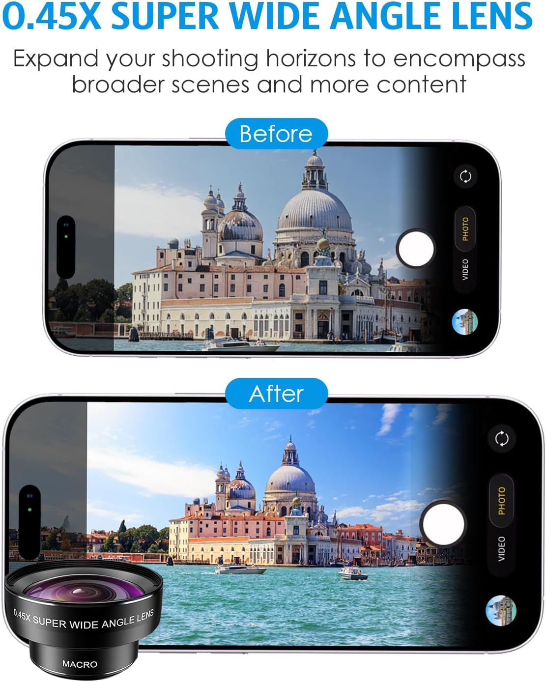 Phone Camera Lens, 0.45X Super Wide Angle & 15X Macro Lens Kit | Clip-On, Professional Lens Kit, for iPhone, Samsung