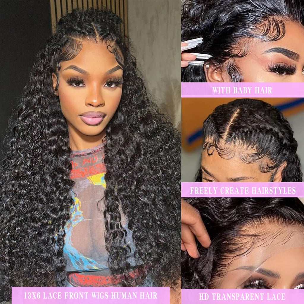 28 inch 13x6 Lace Front Wigs Human Hair Pre Plucked 200 Density Deep Wave Lace Front Wigs Human Hair HD Transparent