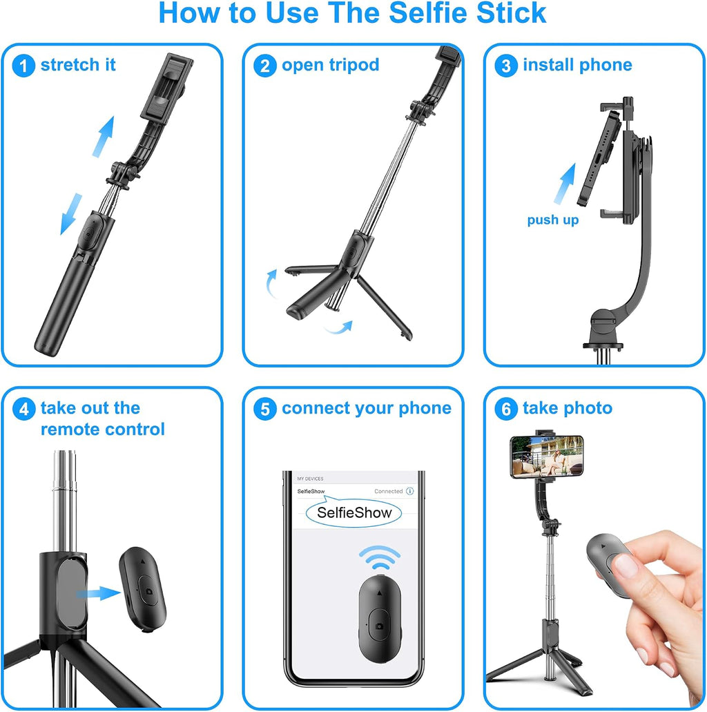Selfie Stick, Extendable Selfie Stick Tripod with Wireless Remote and Tripod Stand, Portable, Lightweight, Compatible