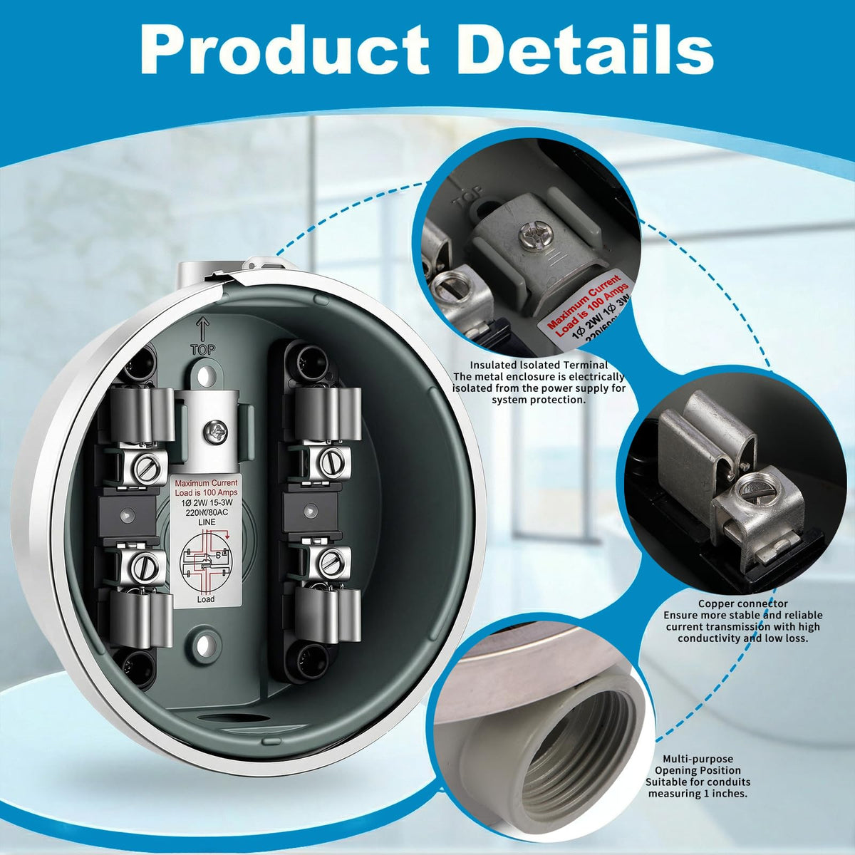 100 Amp Meter Socket, 4-Jaw Meter Base, Single Phase 3-Wire Ring Type